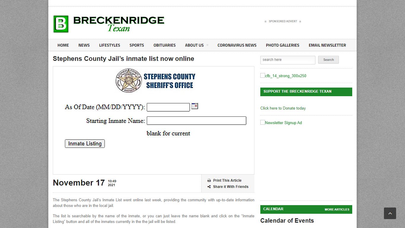 Stephens County Jail’s inmate list now online